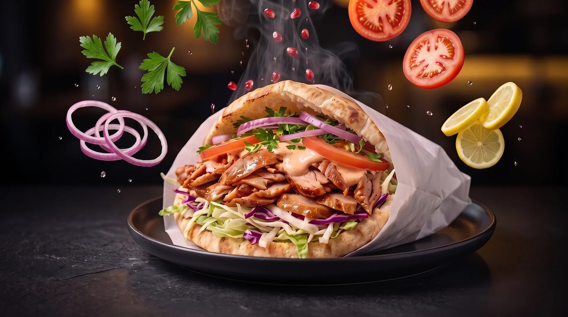 Der fertige Döner, die Zutaten fliegen darüber